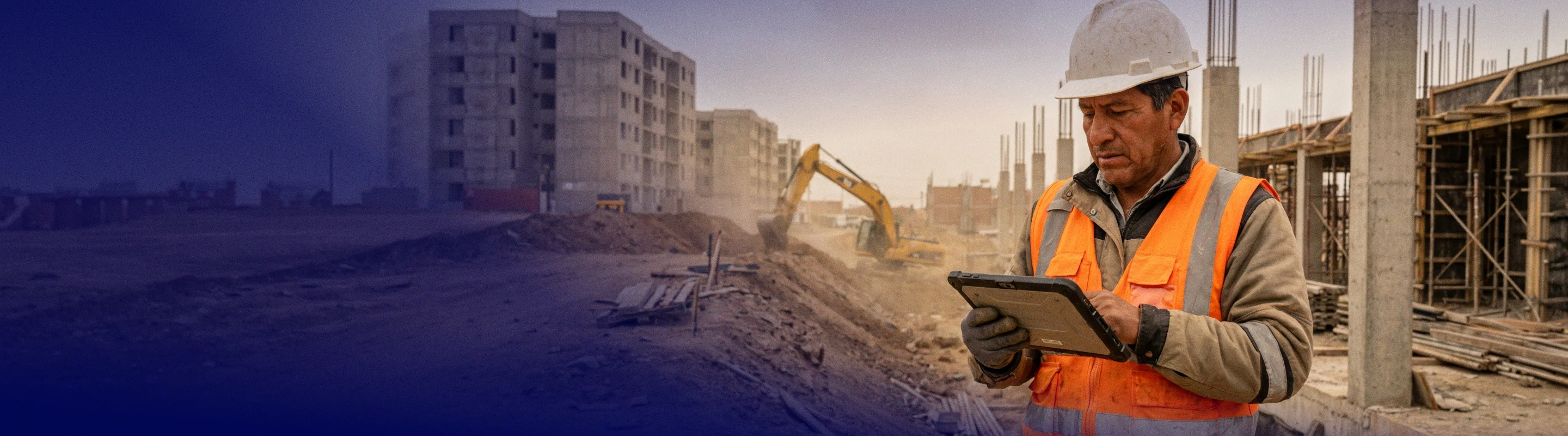 Trabajador de obra revisando una tablet en construcción