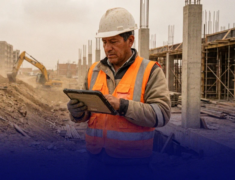 Trabajador de obra revisando una tablet en construcción